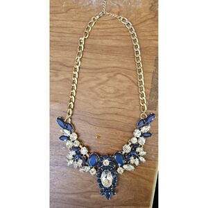 etc! Gold‎ Chain Necklace with Blue & Clear Rhinestone Statement Bib